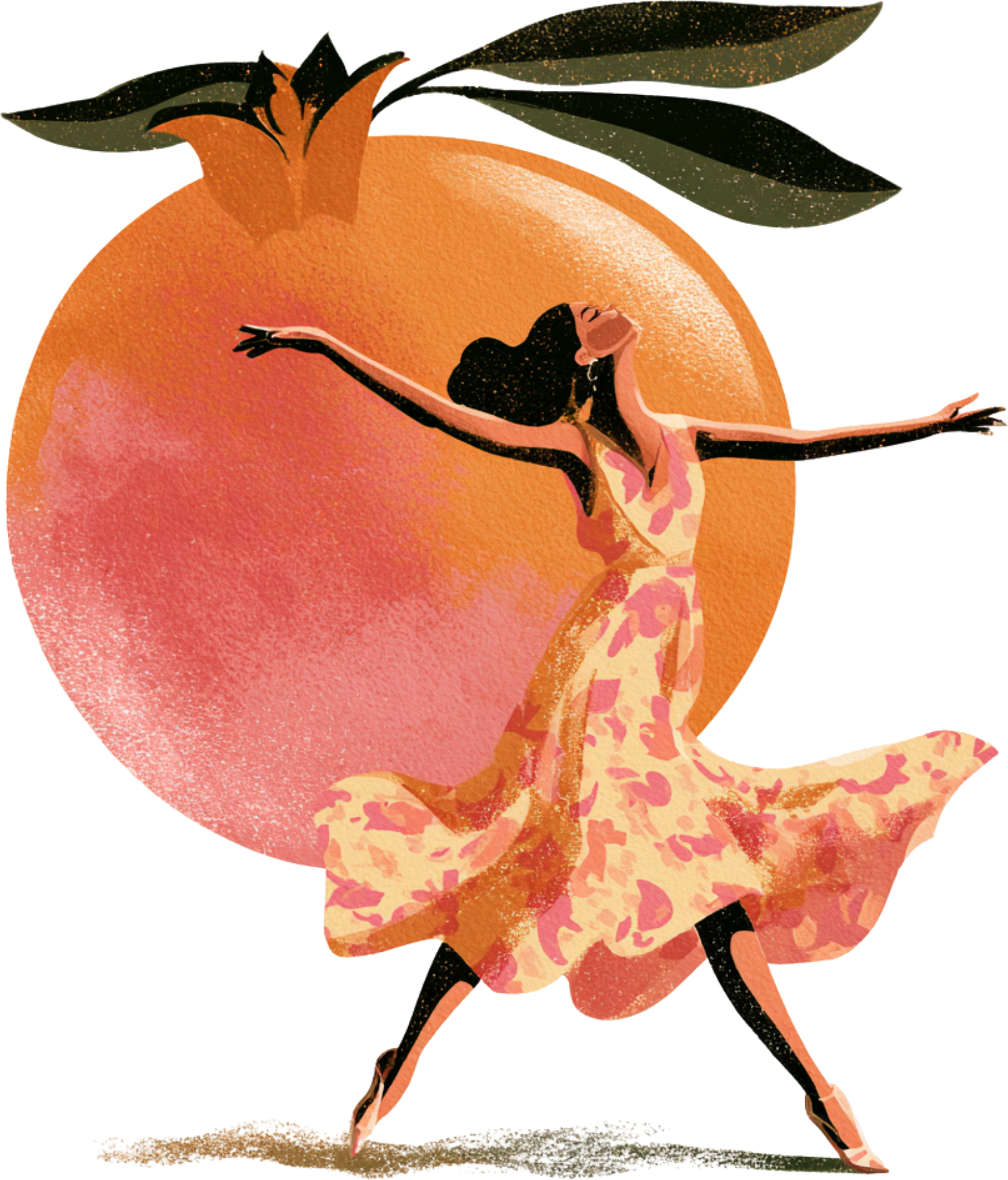 Woman dancing before a pomegranate