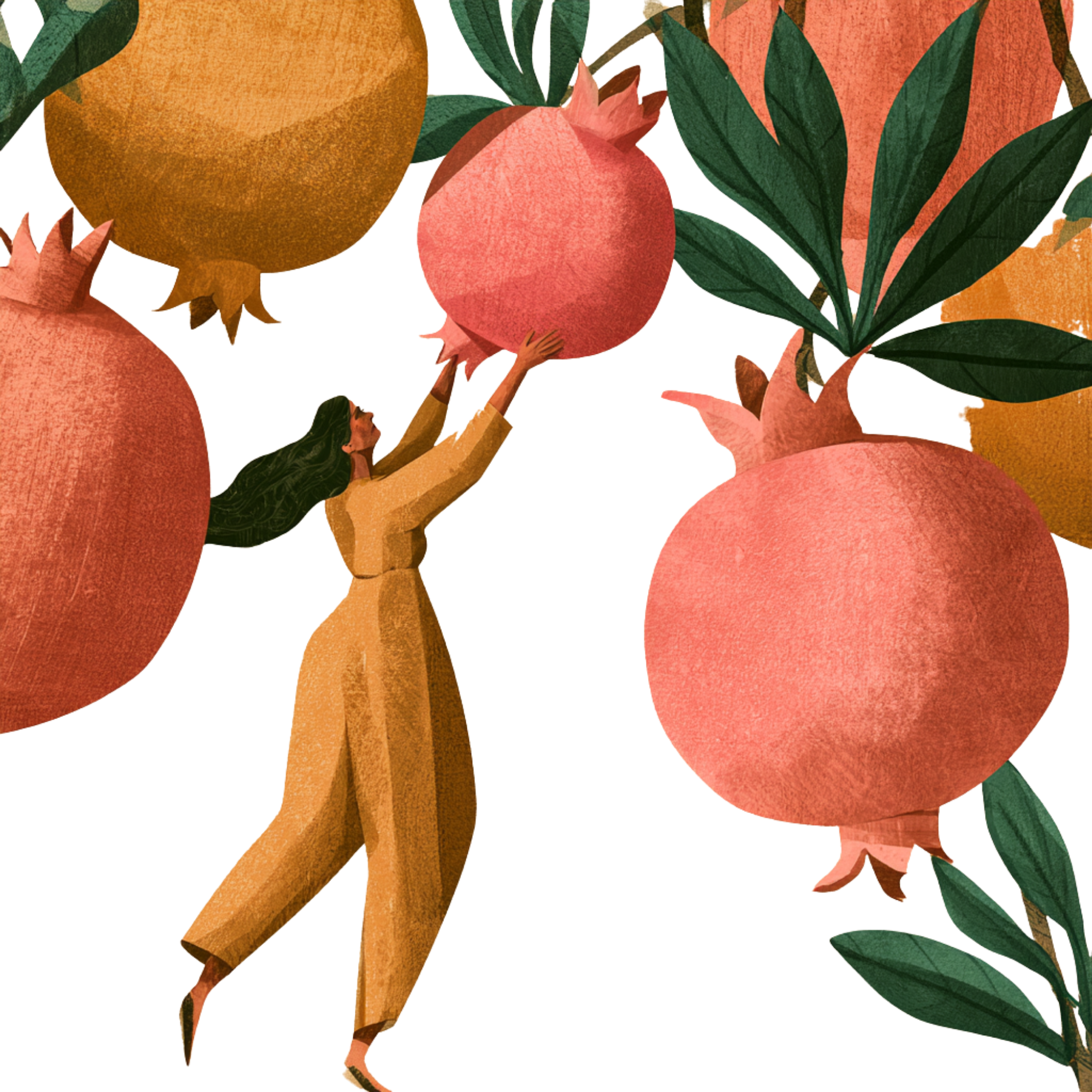 A woman reaching for a pomegranate