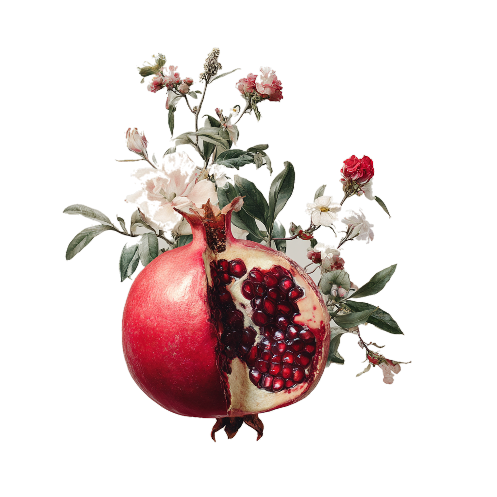 A pomegranate opened among flowers