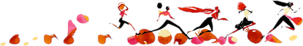 Women running across pomegranates