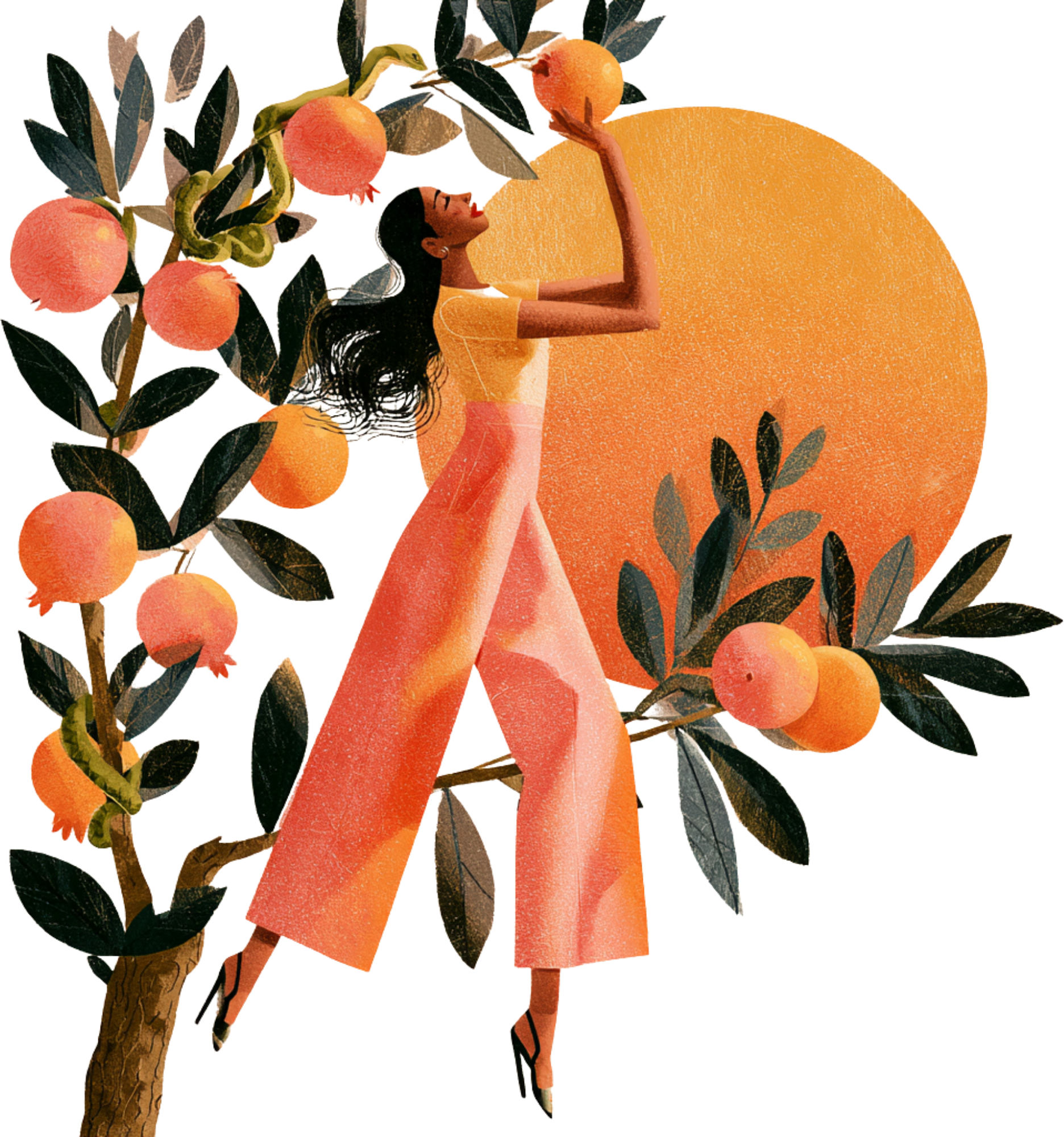 A woman picking a pomegranate from a tree, a small snake in the branches